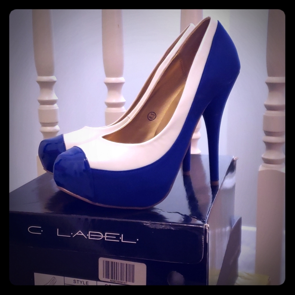 White and Blue Platform Stilettos, Size: 8.5
